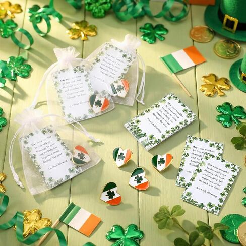30 Sets St. Patrick's Day Clover Lapel Pins Shamrock Brooch Gift with Irish Blessing Cards for Party Favor Celebrate in Saudi Arabia