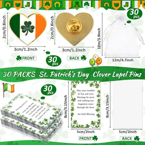 30 Sets St. Patrick's Day Clover Lapel Pins Shamrock Brooch Gift with Irish Blessing Cards for Party Favor Celebrate in Saudi Arabia