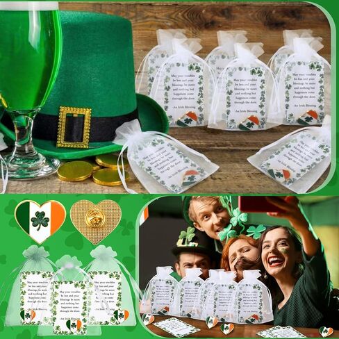 30 Sets St. Patrick's Day Clover Lapel Pins Shamrock Brooch Gift with Irish Blessing Cards for Party Favor Celebrate in Saudi Arabia
