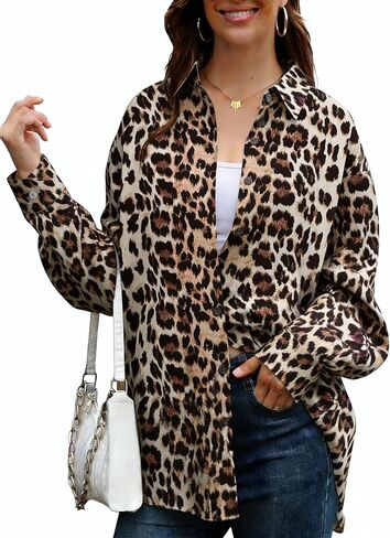 قمصان Dressmine النسائية ذات طباعة الفهد وأكمام طويلة وأزرار سفلية، بلوزة عمل بياقة كبيرة الحجم وقميص زهري in Kuwait