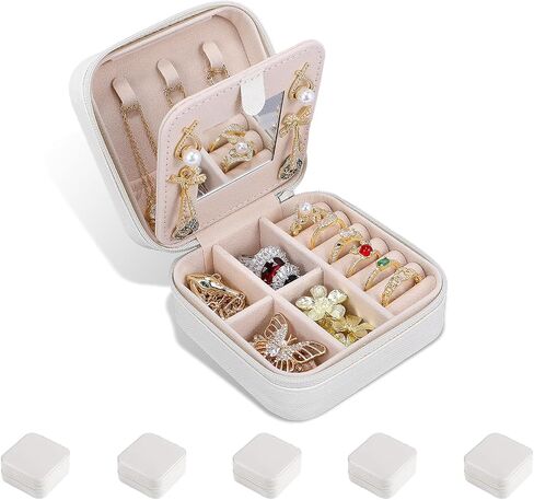 Travel Jewelry Case and Organizer with Mirror,Portable Mini Storage Box for Rings, Earrings, Necklaces, Gift for Mother Mom, Girl, Daughter, Sisters, Bridesmaids, Mother's Day Gift（White） in Saudi Arabia