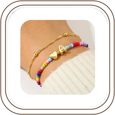 أساور قلب أولية ملونة من Ursteel للنساء - سوار مطرز بالذهب عيار 14 قيراط حرف A-Z، أساور أولية قابلة للتمدد بطبقات، هدايا عيد ميلاد مجوهرات بوهيمية عصرية للنساء in Kuwait