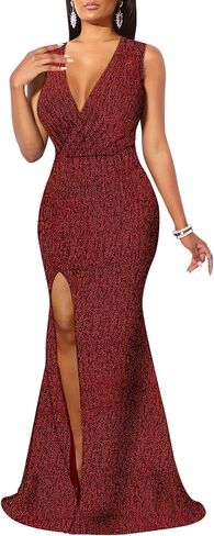 Women's Formal Long Sleeve Sparkly Maxi Dress V-Neck High Slit Wrap Sexy Gown Cocktail Glitter Maxi Long Dresses in Saudi Arabia