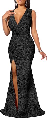 Women's Formal Long Sleeve Sparkly Maxi Dress V-Neck High Slit Wrap Sexy Gown Cocktail Glitter Maxi Long Dresses in Saudi Arabia