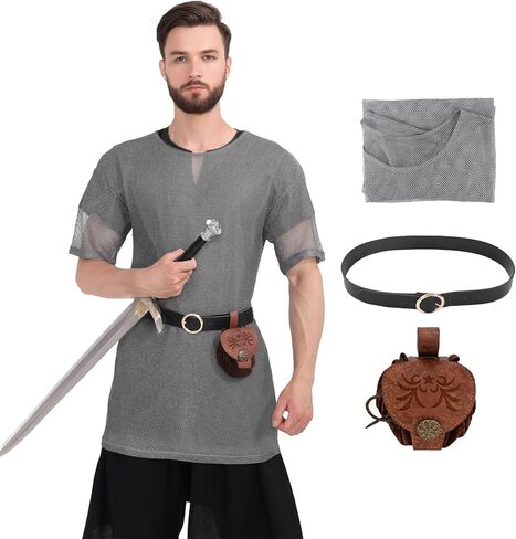 Medieval Faux Chain Tunic, Men's Renaissance Shirt with Belt and Pouch LARP Cosplay Costume Set in Saudi Arabia