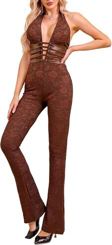 SEMATOMALA Women's Halter Sleeveless Sexy Floral Lace Bodycon Jumpsuit Lace Up Deep V Neck Party Romper Clubwear in Saudi Arabia