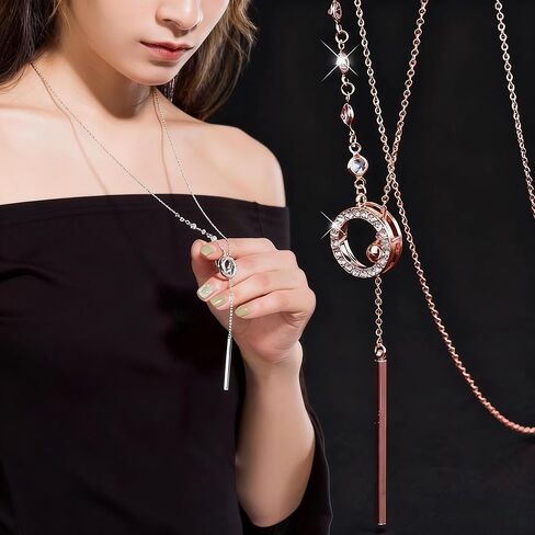 Rose Gold/White GOLDSweater Chain Y-Necklace for Women, Adjustable Length with Sparkling Crystal Ring & Minimalist Bar Pendant – Elegant Daily & Gift Jewelry in Saudi Arabia