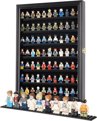 حقيبة عرض Minifigure - حافظة عرض Minifigures للعبة البناء، خزانة حائط صغيرة للمقتنيات الصغيرة، العلامات التجارية الصغيرة، مع باب زجاجي قابل للقفل (إطار أسود) in Kuwait