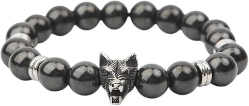 Karelian Heritage Black Shungite Stone Beaded Bracelet Wolf Charm for Men | Natural HealingMen's Spiritual Jewelry SB170L in Saudi Arabia