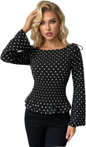 SHENHE Women's Polka Dots Ruffle Peplum Blouse Smocked Waist Bell Sleeve Dressy Going Out Top in Saudi Arabia