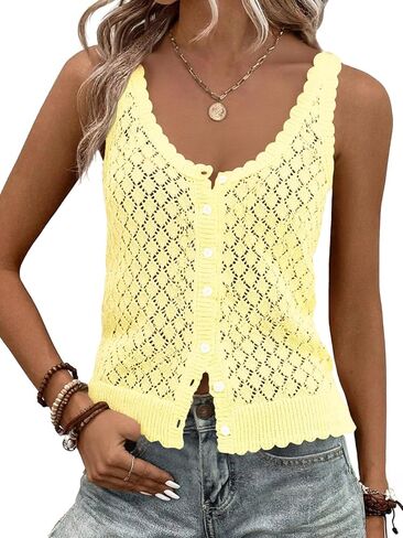 Fisoew Womens Sweater Tank Tops Summer Sleeveless Crochet Cardigan Button Down Boho Knit Going Out Vest Tops in Saudi Arabia