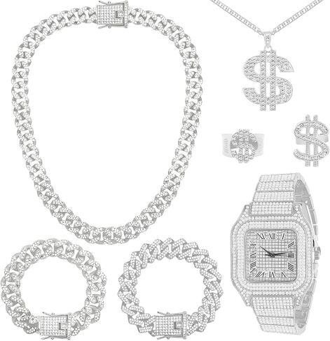 NEWITIN 7 Pieces Silver Jewelry Set for Men Diamond Watch Necklace Bracelets Stainless Steel Cubic Zirconia Cuban Jewels Bling Dollar Necklace Rings Hip Hop Jewelry Set for Men Women in Saudi Arabia