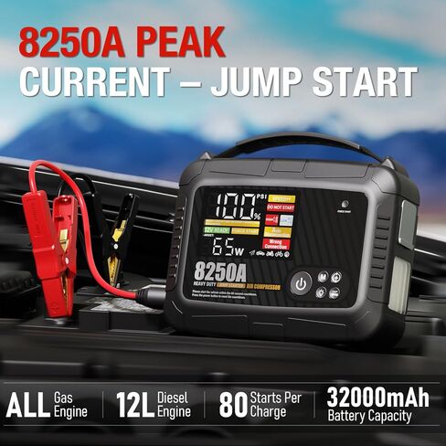 JFEGWO CS02 8250A Jump Starter مع ضاغط هواء، 32000 مللي أمبير 150 رطل لكل بوصة مربعة محمولة لشاحنة السيارة شديدة التحمل (16 لتر غاز/12 لتر ديزل)، حزمة معززة لبطارية ليثيوم 12 فولت، شاشة LED PD65W USB-C in Kuwait