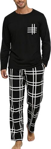 Mens Pajama Set Long Sleeve Soft Sleepwear Loungewear PJS Tops Plaid Pants with Pockets 2 Piece in Saudi Arabia