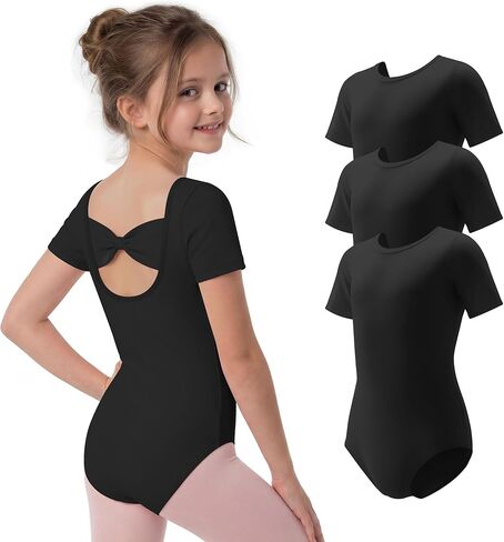 3 Pack Girls Ballet Leotard Short Sleeve Toddler Dance Leotard Dresses Kids Slim Gymnastics Outfits with Bow Back in Saudi Arabia