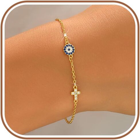 SUYACS مطلية بالذهب أساور الصليب العين الشريرة للنساء 925 الفضة الاسترليني الأزرق مكعب زركونيا ربط سوار غير تشويه كومة الصداقة سلسلة المسيحية المعمودية الدينية الإيمان مجوهرات الهدايا in Kuwait