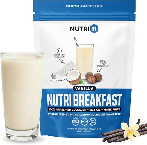 NutriBreakfast من Nutrillermo/Keto Protein Collagen Powder مع زيت MCT / مسحوق زيت MCT مع الكولاجين / مسحوق الببتيدات الكولاجين الكيتو مع الكولاجين البقري الذي يتغذى على العشب من النوع الأول والثالث (15.9، الفانيليا) in Kuwait