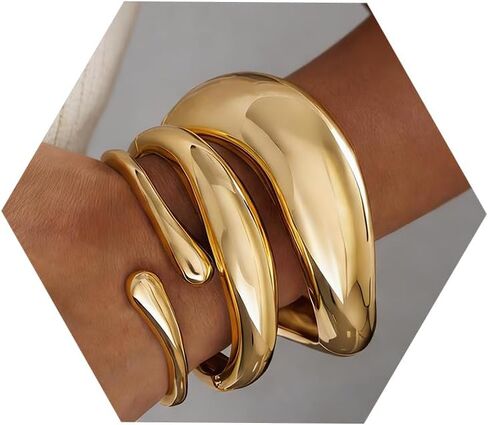 Chunky Gold Bangle Bracelets for Women, 14k Gold Plated Trendy Stackable Bangles Set, Dainty Cuff Bracelet Stack Jewelry for Gifts in Saudi Arabia