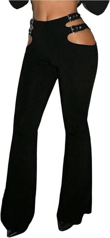 SHENHE Women's Low Waist Bootcut Flare Leg Pants Cut Out Y2K Trousers Night Out Pants in Saudi Arabia