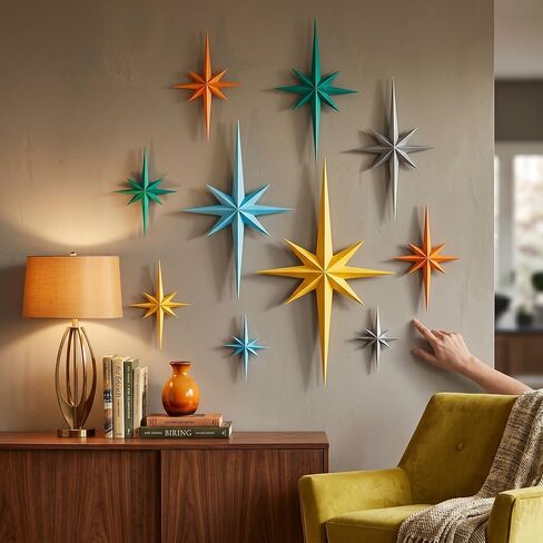 10 Pcs Large Mid Century Decor, Starburst Wall Decor, Vintage Retro 3D Star Wall Sculpture, Easy Install Finish Hangings for Home Office Bedroom, 6 Different Size(Gold) in Saudi Arabia