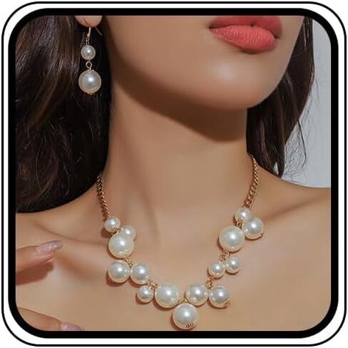 Chunky Cluster Pearls Choker Necklace Earrings Set for Women Dainty Large Geometric Pearl Statement Necklaces Dangle Dangly Earring Trendy Balls Beaded Jewelry in Saudi Arabia