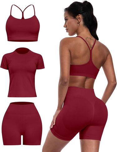 Women 3 Piece Workout Sets Seamless Running Tops Athletic Gym Yoga Short Y Back Sports Bras Outfits in Saudi Arabia