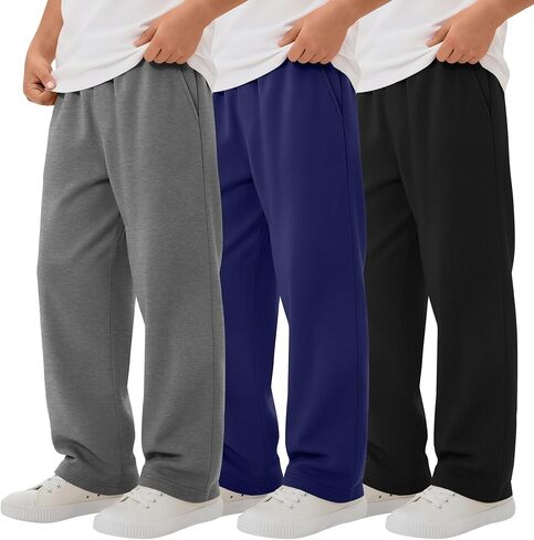 3 Pack Boys Straight Leg Sweatpants Baggy Open Bottom Athletic Joggers Lightweight Drawstring Pants with Pockets in Saudi Arabia