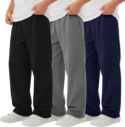 3 Pack Boys Straight Leg Sweatpants Baggy Open Bottom Athletic Joggers Lightweight Drawstring Pants with Pockets in Saudi Arabia