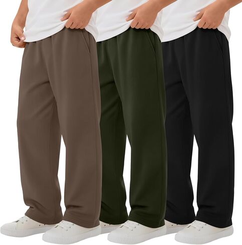 3 Pack Boys Straight Leg Sweatpants Baggy Open Bottom Athletic Joggers Lightweight Drawstring Pants with Pockets in Saudi Arabia