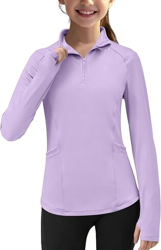 Yesfashion Girl سترات خفيفة الوزن بأكمام طويلة ونصف سحاب للحماية من الشمس، قميص رياضي مع جيوب وفتحات للإبهام in Saudi Arabia