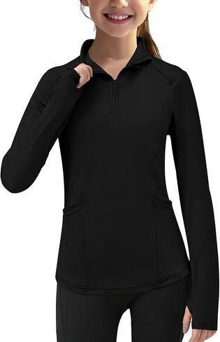 Yesfashion Girl سترات خفيفة الوزن بأكمام طويلة ونصف سحاب للحماية من الشمس، قميص رياضي مع جيوب وفتحات للإبهام in Kuwait