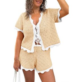 Fisoew Womens 2 Piece Swimsuit Crochet Cover Up Short Sleeve Tops Tie Front Shorts Sets Summer Beach Vacation Outfit in Saudi Arabia