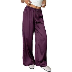 سروال نسائي من MakeMeChic مصنوع من الساتان برباط وخصر مستقيم وساق مستقيمة من الحرير باللون البني الداكن in Kuwait