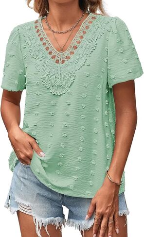 Summer Tops For Women 2025 Boho Swiss Dot Blouses Short Sleeve Shirts Flowy V Neck Casual Peasant Lace Hem Clothing in Saudi Arabia