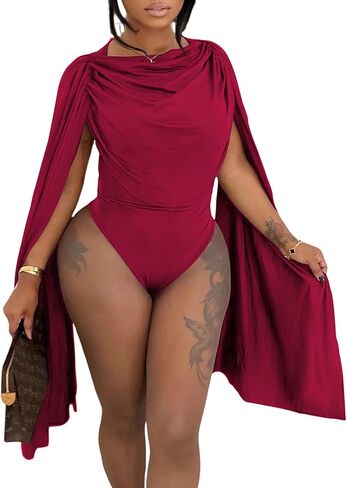 Womens Cowl Neck Body Suits Tops Drape Ruched Cape Sleeve Bodycon Bodysuit Y2K Going Out Top in Kuwait