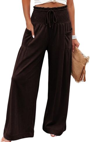 Athlisan فضفاض واسع الساق Sweatpants عادية فضفاض Smocked عالية الخصر بالازو السراويل صالة بنطلون مع جيوب in Kuwait