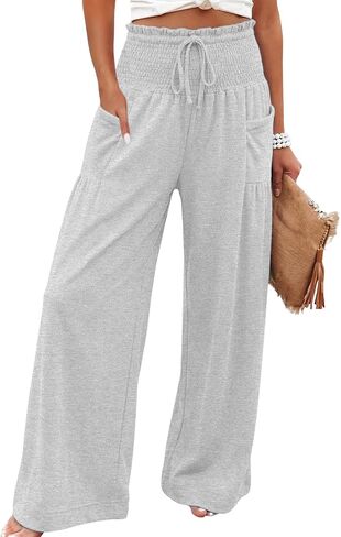 Athlisan فضفاض واسع الساق Sweatpants عادية فضفاض Smocked عالية الخصر بالازو السراويل صالة بنطلون مع جيوب in Kuwait