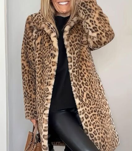 Womens faux fur cardigan coat Winter Fuzzy Long Lapel Open Front Leopard Print Jacket Fashion Overcoat in Saudi Arabia