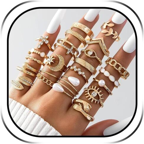 Long tiantian Stackable Rings for Women Non Tarnish Gold Moon Star Knuckle Ring Set Boho Vintage Adjustable Cute Pearl Rings Western Fashion Dainty Jewelry Accessories Best Christmas Gifts 2025 in Saudi Arabia