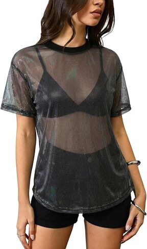 OYOANGLE Women's See Through Top Metallic Mesh Sheer Short Sleeve Rave T-Shirt in Saudi Arabia