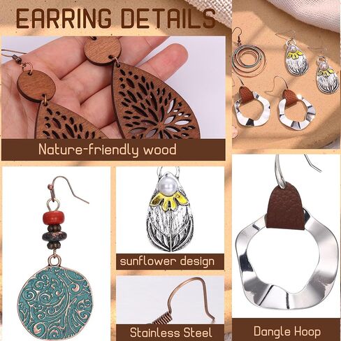 مجموعة أقراط متدلية عتيقة من Thunaraz Boho للنساء على شكل دمعة هندسية دائرية أقراط خشبية عرقية بوهيمية نجمة عباد الشمس أقراط عيد الميلاد مجوهرات للنساء، فضي in Saudi Arabia