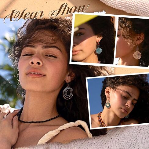 مجموعة أقراط متدلية عتيقة من Thunaraz Boho للنساء على شكل دمعة هندسية دائرية أقراط خشبية عرقية بوهيمية نجمة عباد الشمس أقراط عيد الميلاد مجوهرات للنساء، فضي in Saudi Arabia