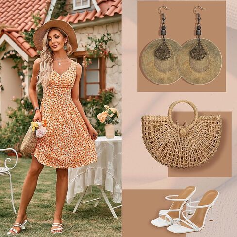 مجموعة أقراط متدلية عتيقة من Thunaraz Boho للنساء على شكل دمعة هندسية دائرية أقراط خشبية عرقية بوهيمية نجمة عباد الشمس أقراط عيد الميلاد مجوهرات للنساء، فضي in Saudi Arabia