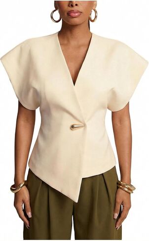Milumia Women's V Neck Asymmetrical Hem Blouse Short Sleeve Waistcoat Work Blouses in Saudi Arabia