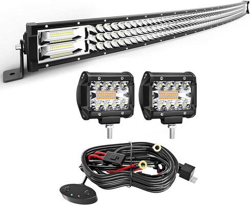 شريط إضاءة LED TURBO SII 50 بوصة 684 وات منحني ثلاثي الصف من بقعة الفيضانات كومبو شعاع الطرق الوعرة ضوء القيادة + 4 بوصة 60 وات مصابيح LED مع 3 أسلاك توصيل للشاحنات ATV UTV Polaris Boats in Kuwait