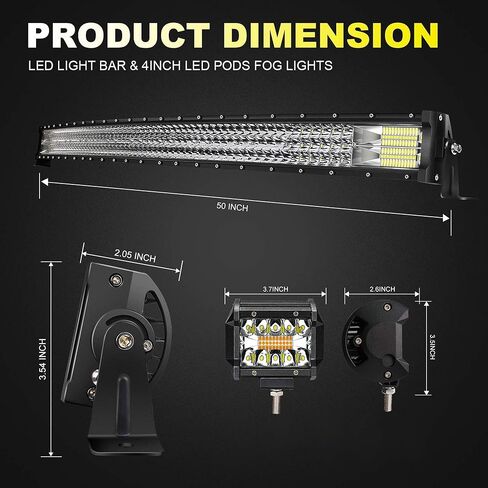 شريط إضاءة LED TURBO SII 50 بوصة 684 وات منحني ثلاثي الصف من بقعة الفيضانات كومبو شعاع الطرق الوعرة ضوء القيادة + 4 بوصة 60 وات مصابيح LED مع 3 أسلاك توصيل للشاحنات ATV UTV Polaris Boats in Kuwait