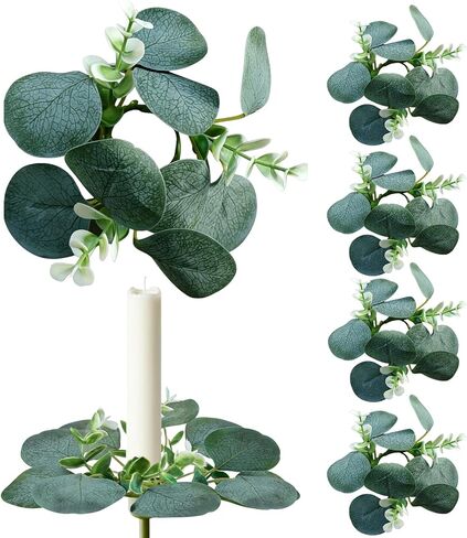6 PCS Eucalyptus Taper Candle Rings Wreaths 1.38" Mini Spring Summer Floral Taper Candle Holder Wreaths Green Artificial Flower Table Centerpieces Wreath for Church Farmhouse Home Candlesticks Decor in Saudi Arabia