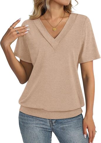 TCITICMISS Womens Short Sleeve Tops Banded Bottom V Neck Summer T Shirt Casual Basic Tees in Saudi Arabia