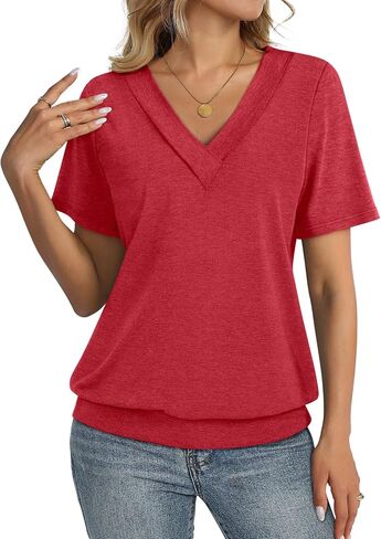 TCITICMISS Womens Short Sleeve Tops Banded Bottom V Neck Summer T Shirt Casual Basic Tees in Saudi Arabia