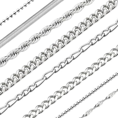 8 Pcs Chains for Men Stainless Steel Chain Necklace bulk Mens Necklace Jewelry Set Figaro Chain Cuban Link Chain Rope Chain Snake Chain in Saudi Arabia